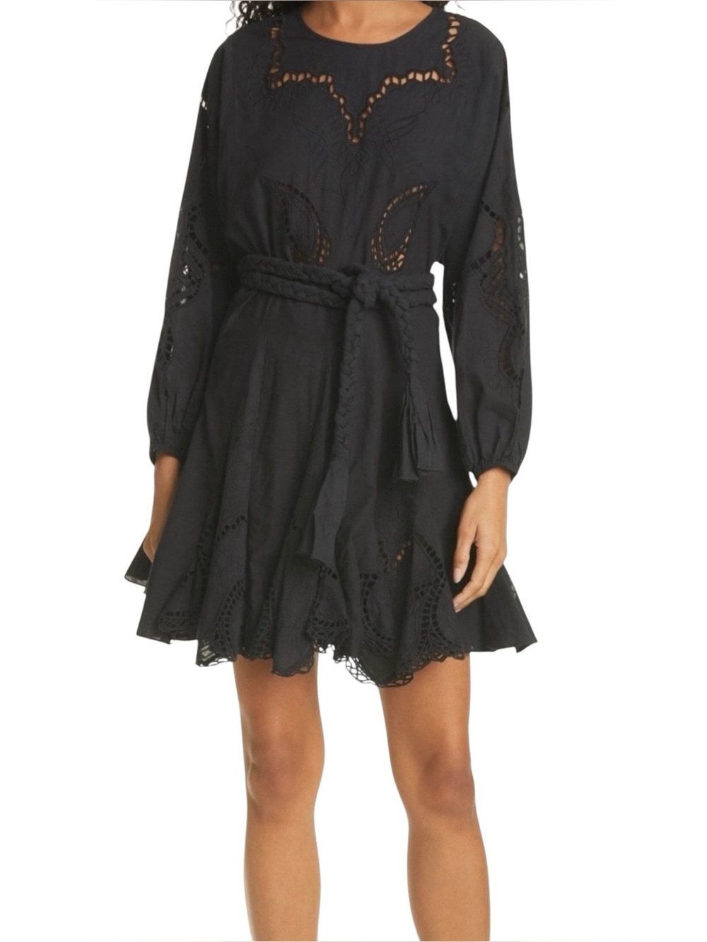 Rhode Resort Ella Cotton Eyelet Dolman Long Sleeve Round Neck Braided Mini Dress